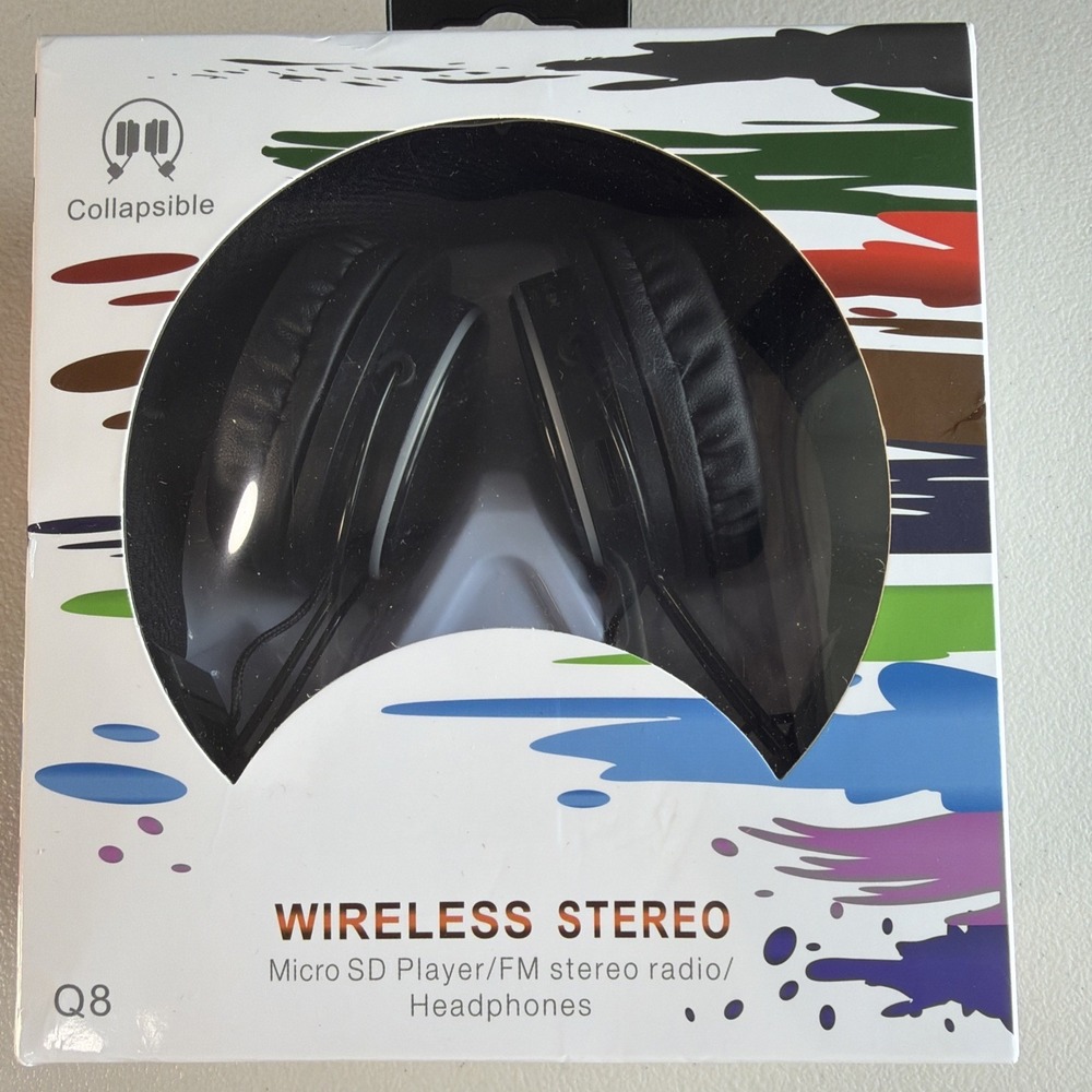 Q8 Wireless Stereo Micro Sd Player/fm Stereo Radio Headphones Black Collapsible